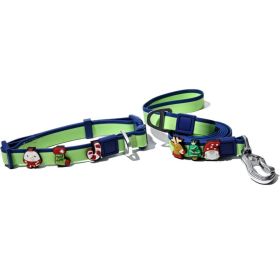 Christmas Themed Dog Collar and Leash Set, Waterproof PVC Pet Collar with Cute Charms for Small Medium Dogs (Color: Green Blue, size: L)